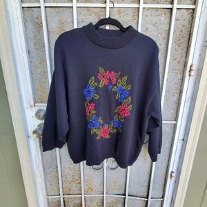 Vintage Panther Woman Floral Wreath Knit Mockneck Black Sweater Size M/L